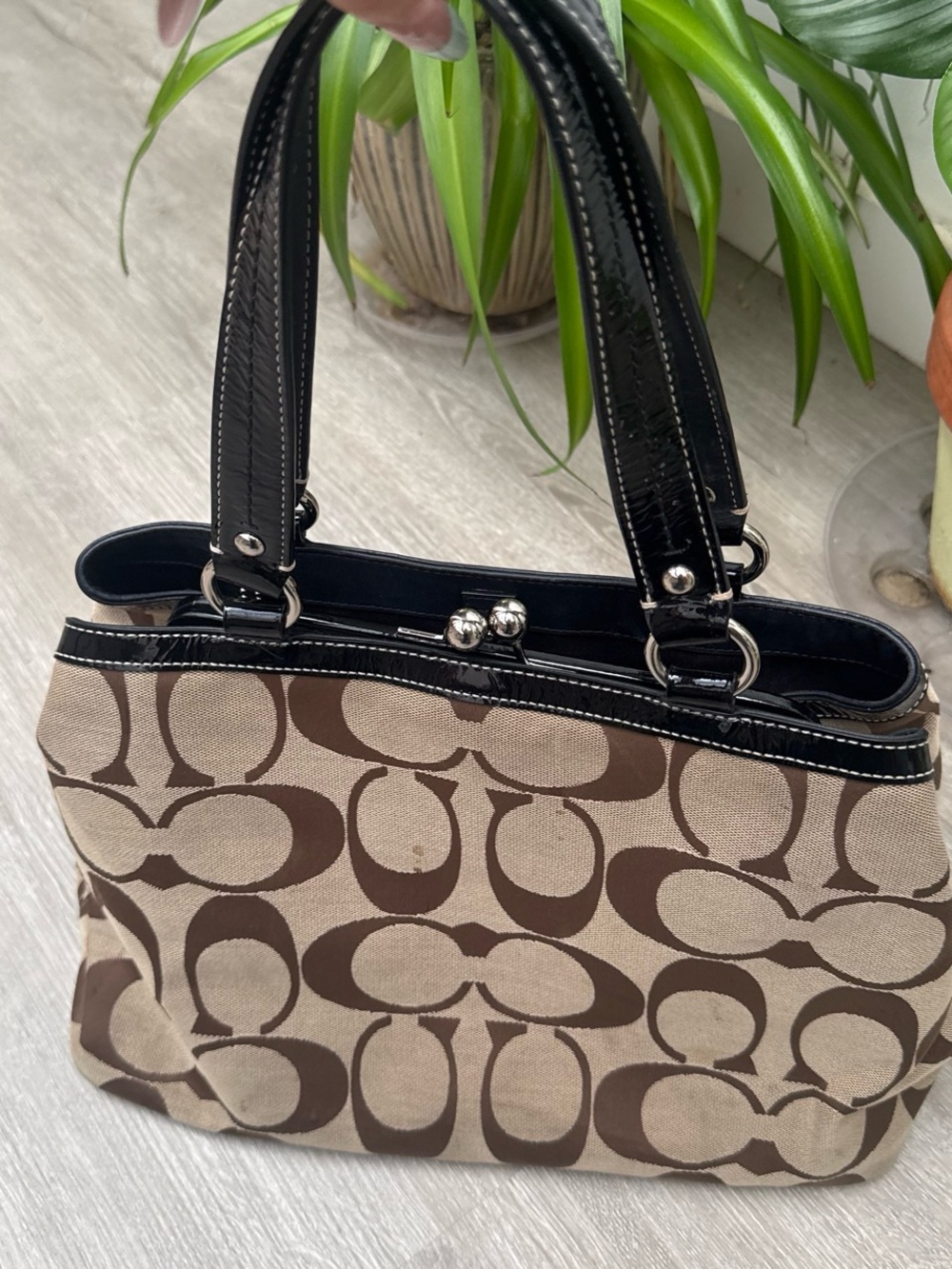 Vintage Coach Canvas Tote Bag in Brown and Cream with Black Trim